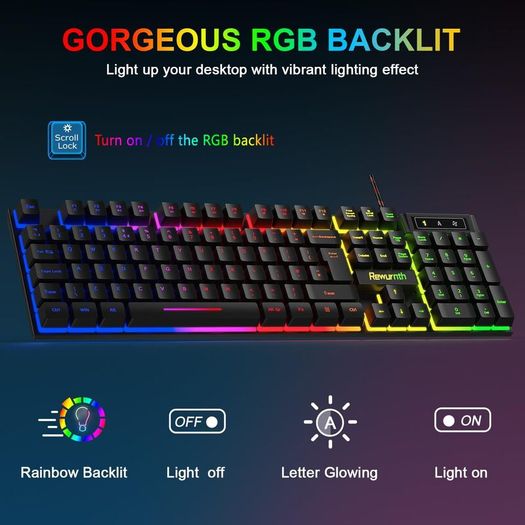 Gaming Keyboard and Mouse Set with Headset, UK Layout, RGB Backlit Wired Keyboard, Ergonomic 4-Color LED Gaming Mouse, Over-Ear Headphones, Large Mousepad, USB Plug & Play for PC Mac PS5 Xbox