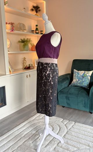 Ladies Sleeveless Pencil Dress Purple Bodice, with Black Floral Lace Skirt from Little Mistress
