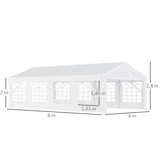 4 x 8m Heavy-duty Outdoor Carport Party Event Tent, Patio Gazebo Canopy Pavilion with 4 Sidewalls, 8 Windows, White