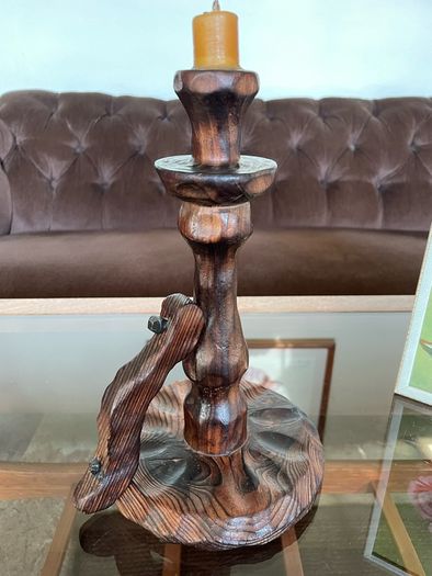 Primitive Candle Stick Antique Style Wood with Iron Tacks