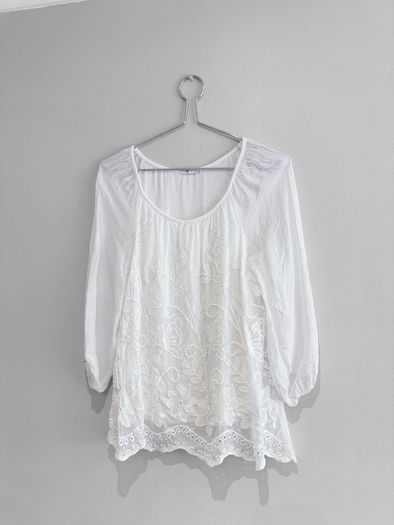 Pre Owned White Embroidered Boho Tunic Blouse