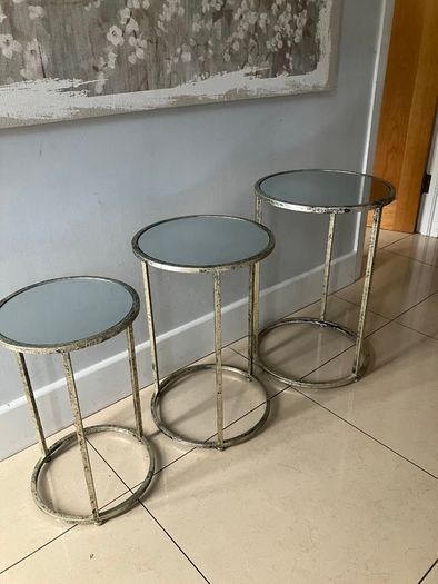 Nest of 3 Distressed Champagne Colour Mirrored Tables