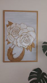 Original Mixed-Media Botanical Painting on Canvas - White & Gold Textured Floral Wall Art
