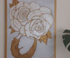 Original Mixed-Media Botanical Painting on Canvas - White & Gold Textured Floral Wall Art