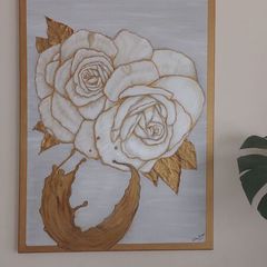 Original Mixed-Media Botanical Painting on Canvas - White & Gold Textured Floral Wall Art
