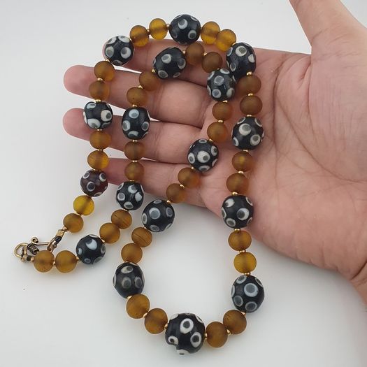 Antique Venetian African Style Eyes & Yellow Brown African Glass Beads Necklaces