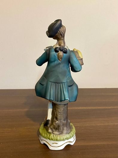 Porcelain Figurine Bisque Colonial Boy in Waistcoat Holding Bird Cage Arnart