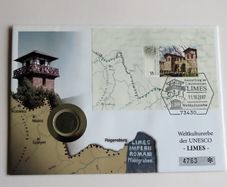 Ancient original Roman coin in UNESCO stamp cover