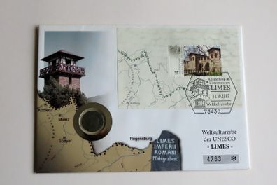 Ancient original Roman coin in UNESCO stamp cover