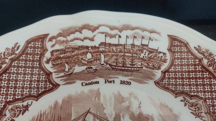 Vintage Set of Six Brown and White Fair Winds, Historical Scenes of Chinese Export to America - "The Friendship of Salem" Large Dinner Plates by Alfred Meakin