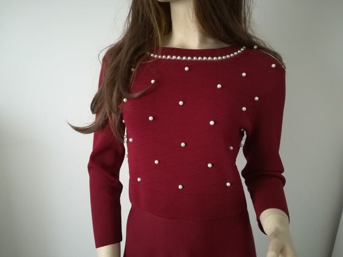 Red Burgundy knitted dress with pearls, size 12
