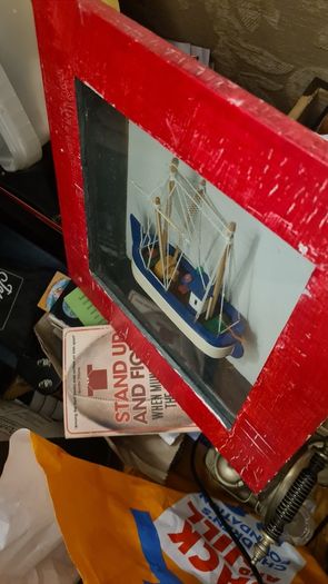 MODEL Fisfing Boat Trawler Framed Behind Glass. In Good Condition.
