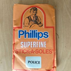 Phillips Superfine 'stick-a-soles' with 2 soles Police sticker cobbler shoe repairs advertising