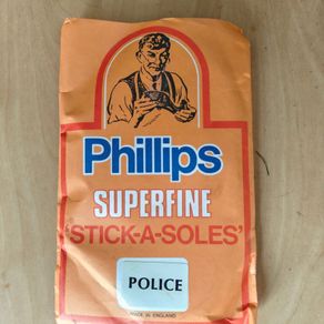 Phillips Superfine 'stick-a-soles' with 2 soles Police sticker cobbler shoe repairs advertising