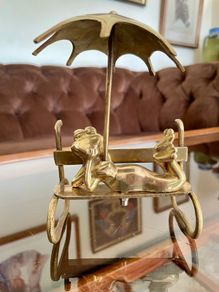 Vintage Brass Mid Century Frog with Umbrella Figurine 1970s