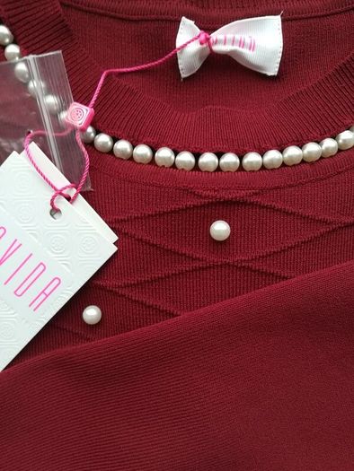 Red Burgundy knitted dress with pearls, size 12