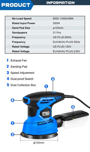 300W Random Orbital Electric Sander Machine with 21Pcs 125mm Sandpapers 120V/240V Strong Dust Collection Polisher by PROSTORMER