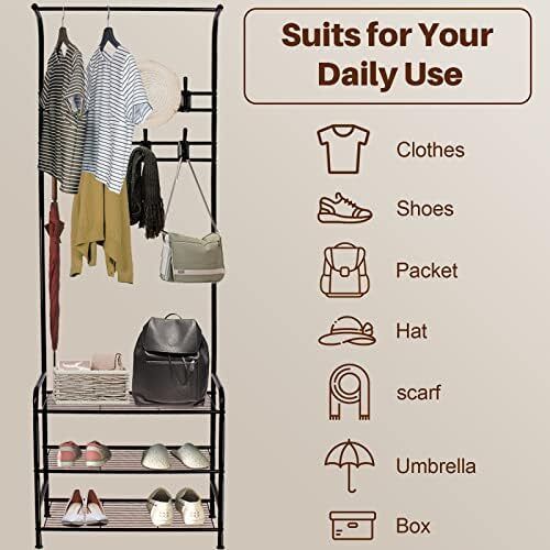 Coat Rack Stand with Shoe and Removable 16 Hooks Free Standing Hall Tree Matte Steel Frame Hat for Storage, Black