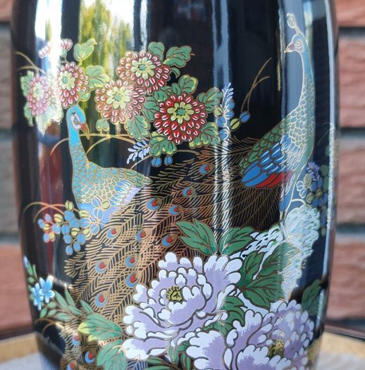Japanese "Interpur" Ceramic Black Peacock/Floral Vase