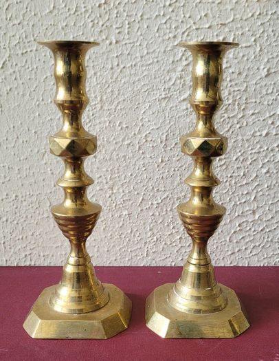 Antique diamond brass push candlesticks