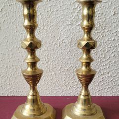 Antique diamond brass push candlesticks