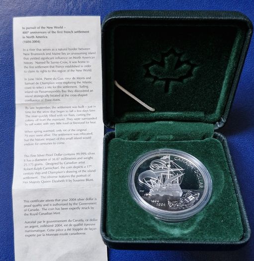 2004 Canada  .999 Silver Proof 400th Anniversary French Settlement 1 Dollar coin (25 gram)