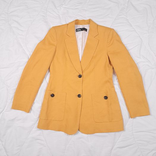 Zara Mustard Yellow Single-Breasted Linen Tailored Blazer Jacket Size S