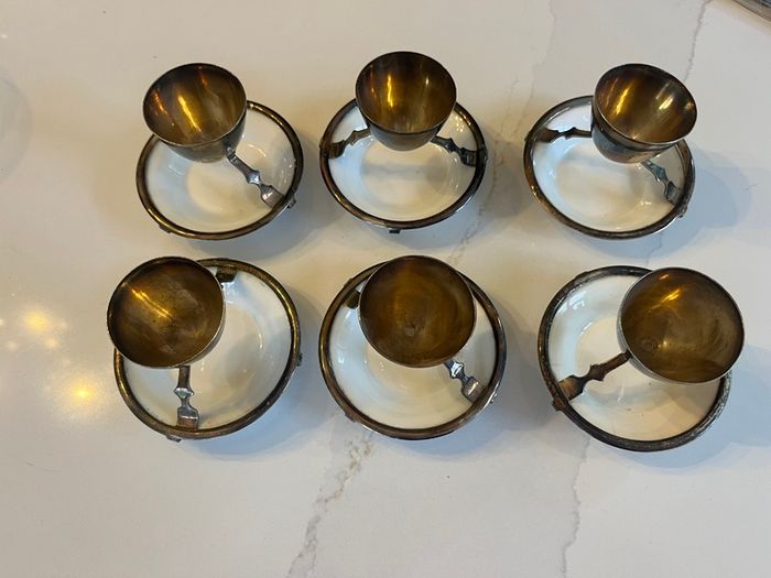 6 Christopher Dresser Antique Silver Plated & Royal Doulton Integrated Egg Cups