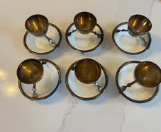 6 Christopher Dresser Antique Silver Plated & Royal Doulton Integrated Egg Cups
