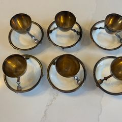 6 Christopher Dresser Antique Silver Plated & Royal Doulton Integrated Egg Cups