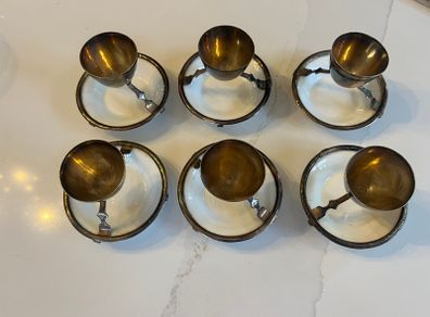 6 Christopher Dresser Antique Silver Plated & Royal Doulton Integrated Egg Cups