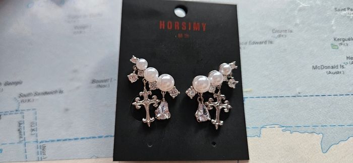 Horsimy Faux Pearl Diamante Drop Cross Earring
