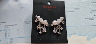 Horsimy Faux Pearl Diamante Drop Cross Earring