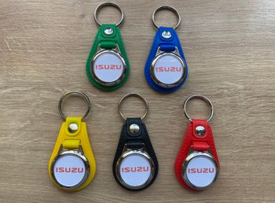 Brand new synthetic leather Isuzu key ring with shopping trolley token/coin