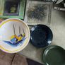 5 Different itms , 1- small green trinkelt dish 12.00 euro-2-  small  glazed blue trinkelt dish 12.00 euro.-3-Bowl trinkelt dish hand-painted ceramic piece from the famous HB Henriot Quimper pottery in France, 17.00 euro.-4-  trinkelt dish by Fermoyle Pot Image 2