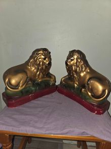 Victorian pair of painted plaster Lions