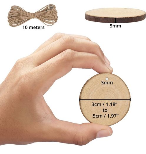 Unfinished Natural Wood Slices (50 Pack) - 3-5cm Diameter & 5mm Thick - Predrilled Holes & 10m of Jute Twine - Small Rustic Wooden Log Discs with Bark & Smooth Finish - For Crafts & Decorations (FREE POSTAGE)