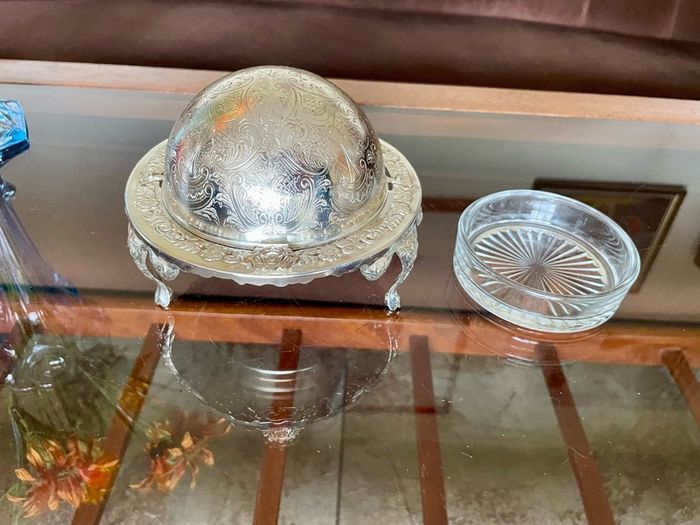 Vintage Silver Colour Roll Top Butter Dish with Glass Insert or Ornate Caviar Server