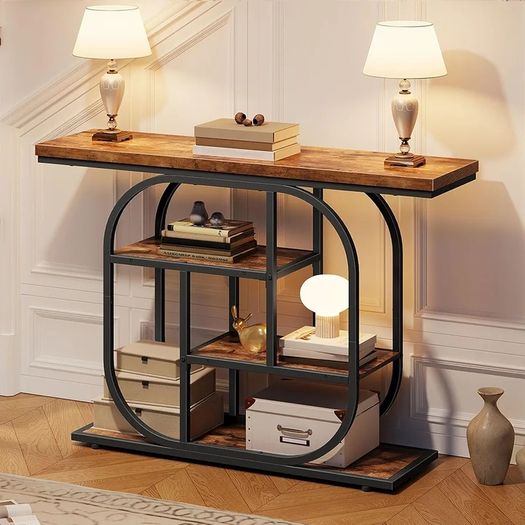 Narrow Console Table for Hallway, 110 cm Hallway Table, 4-Tier Industrial Display Table with Storage, Geometric Frame, for Entryway, Foyer, Living Room, Bedroom, Rustic Brown