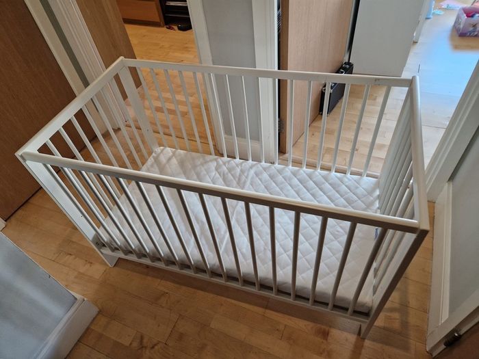 White Wooden Baby Cot Crib with Mattress Excellent Condition