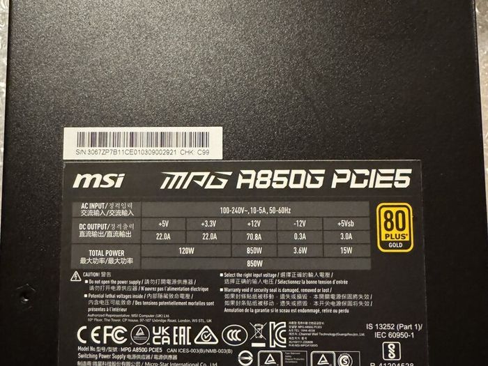 MSI A850G PCIE 5 Gaming Power Supply - Full Modular - 80 Plus 850W