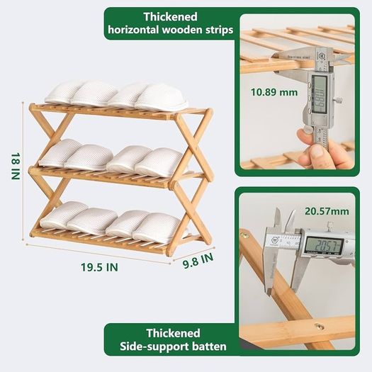 FREE EXPRESS SHIPPING 3 Tier Bamboo Shoe Rack,Portable Folding Shoe Storage Rack,Without Installation Small Shoe Rack Perfect for Corridors, Bedrooms and Small Spaces (3 Tier)