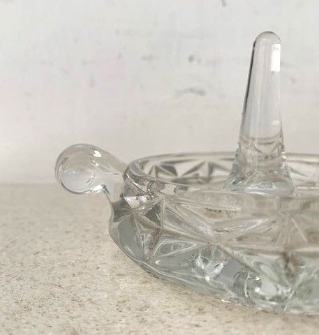 Vintage 1937 Art Deco glass ring holder with handle