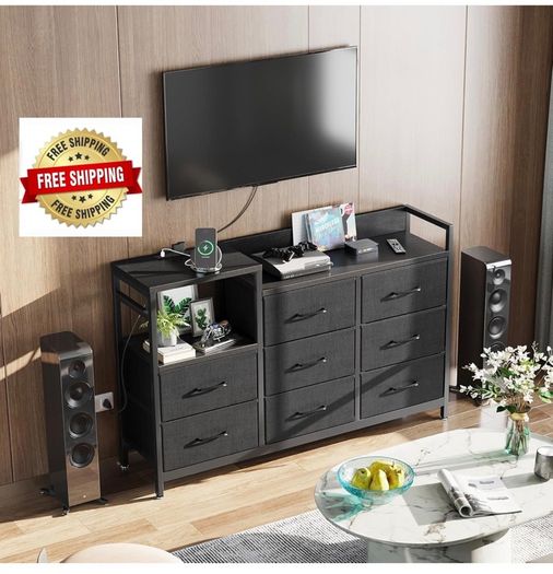 Black Chest of Drawers Bedroom, 8 Fabric Drawers, 30x132x88cm Contains 2 USB & 2 AC Ports Sockets, Storage Dresser with 8 Fabric Drawers Suitable for Bedrooms, Living Rooms
