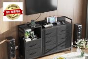 Black Chest of Drawers Bedroom, 8 Fabric Drawers, 30x132x88cm Contains 2 USB &amp; 2 AC Ports Sockets, Storage Dresser with 8 Fabric Drawers Suitable for Bedrooms, Living Rooms
