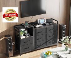 Black Chest of Drawers Bedroom, 8 Fabric Drawers, 30x132x88cm Contains 2 USB & 2 AC Ports Sockets, Storage Dresser with 8 Fabric Drawers Suitable for Bedrooms, Living Rooms