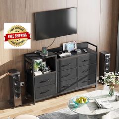 Black Chest of Drawers Bedroom, 8 Fabric Drawers, 30x132x88cm Contains 2 USB & 2 AC Ports Sockets, Storage Dresser with 8 Fabric Drawers Suitable for Bedrooms, Living Rooms