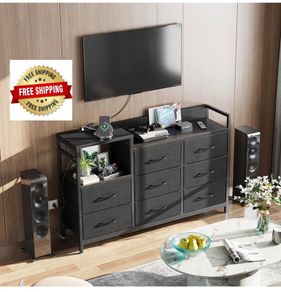Black Chest of Drawers Bedroom, 8 Fabric Drawers, 30x132x88cm Contains 2 USB & 2 AC Ports Sockets, Storage Dresser with 8 Fabric Drawers Suitable for Bedrooms, Living Rooms