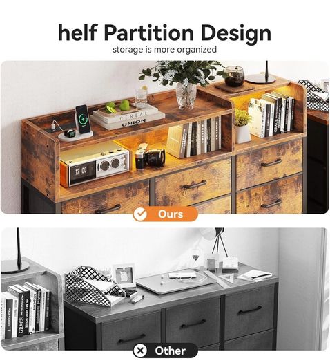 Chest of Drawers Bedroom, Dresser Cabinet with 2 Sockets, 2 USB Ports and 10 Colored LED Strips