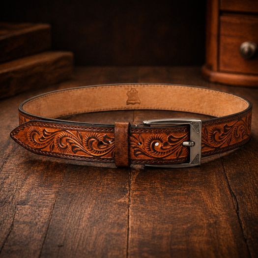 Unisex Genuine Leather Belt Vintage Embossed Design with Antique Buckle Casual & Formal Waist Belt
